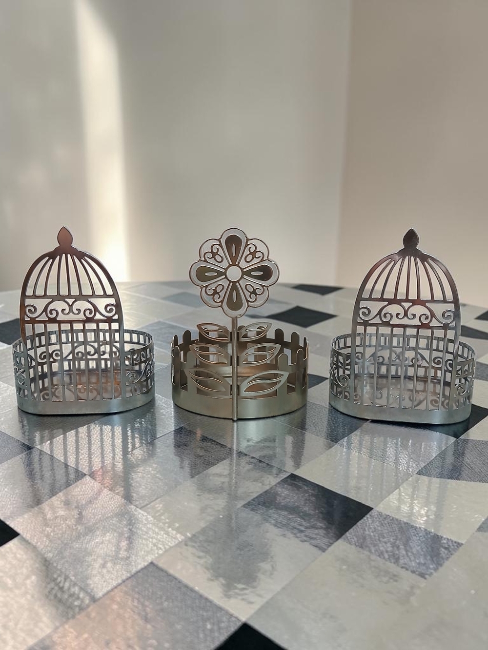 Silver Metal Birdcage & Flower Soap Holders- Set of 3